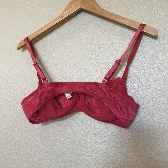 Victorias Secret 36B Unlined Demi Bra Solid Pink Floral Lace Underwire - Picture 3 of 5